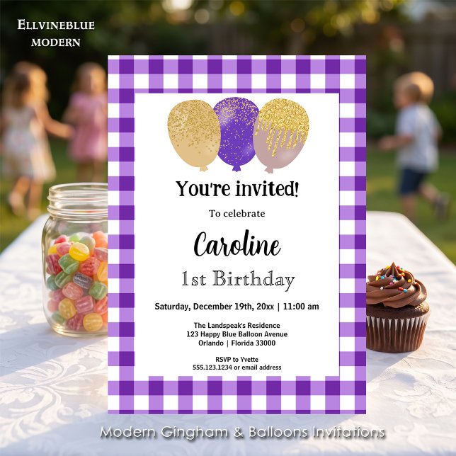 Convites Xadrez Roxo, Balões de Festa 1º Aniversário (Purple gingham balloon invitations! For 1st Birthday or any birthday. Size 5” x 7”.)