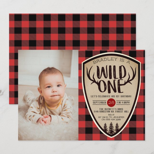 Convites Xadrez Rústica de Wild One Boys Lumberjack primeir (Frente/Verso)