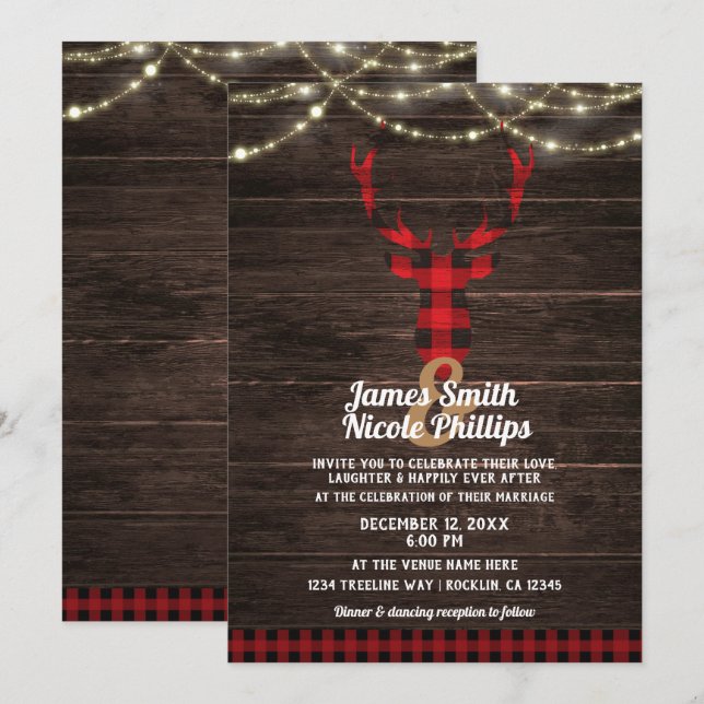 Convites Xadrez Rústica, Veados, Amarradores, Luzes de Made (Frente/Verso)