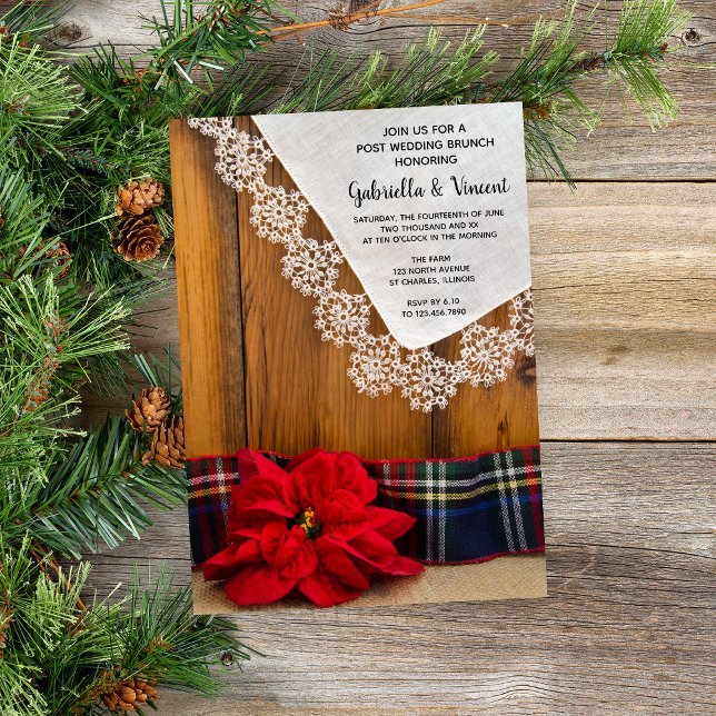 Convites Xadrez Rústico de Poinsettia no Brunch de Pós-Casa (Set a festive tone for your December wedding with this wintery Save the Date Announcement Card.)