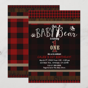 Convites Xadrez Rústico Urso de Bebê Vermelho Aniversário d