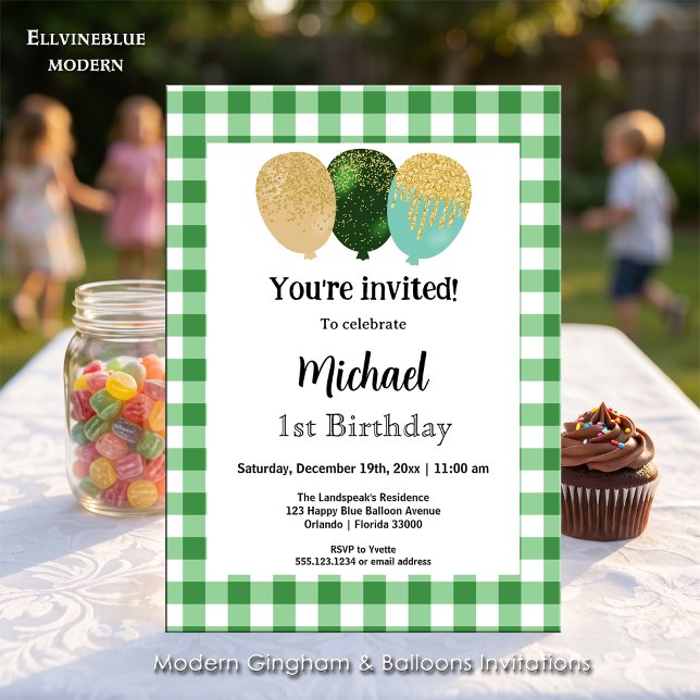 Convites Xadrez Verde, Balões de Aniversário de 1 Ano (Green gingham balloon invitations! For 1st Birthday or any birthday. Size 5” x 7”.)