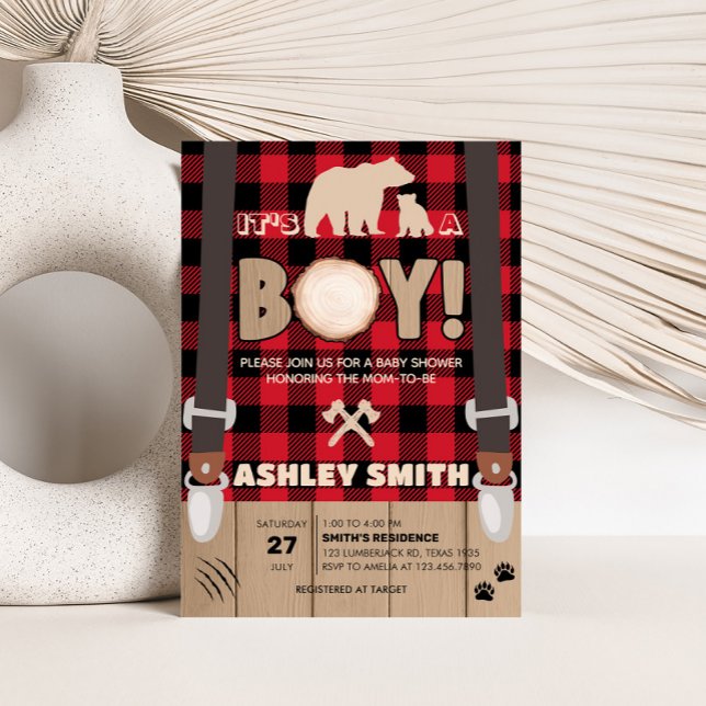 Convites Xadrez Vermelha  Lumberjack Chá de fraldas (Plaid Lumberjack Baby Shower Invitation )