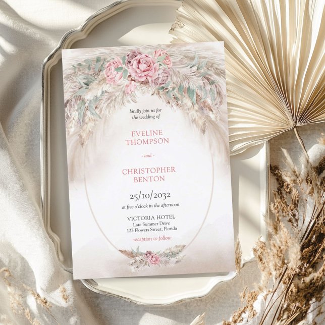 Convites Xic elegante rosa pampas poeirento sage casamento  (Chic elegant dusty rose pampas sage green wedding invitation)
