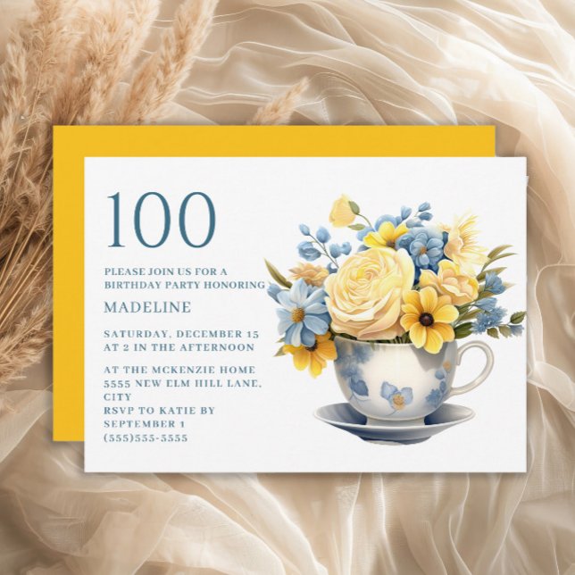 Convites Xícara Amarela Flores Azuis 100º Aniversário (Blue teacup and yellow flowers 100th birthday party invitation)