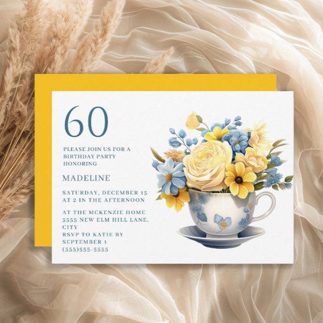Convites Xícara Amarela Flores Azuis 60º Aniversário  (Blue teacup and yellow flowers 60th birthday party invitation)