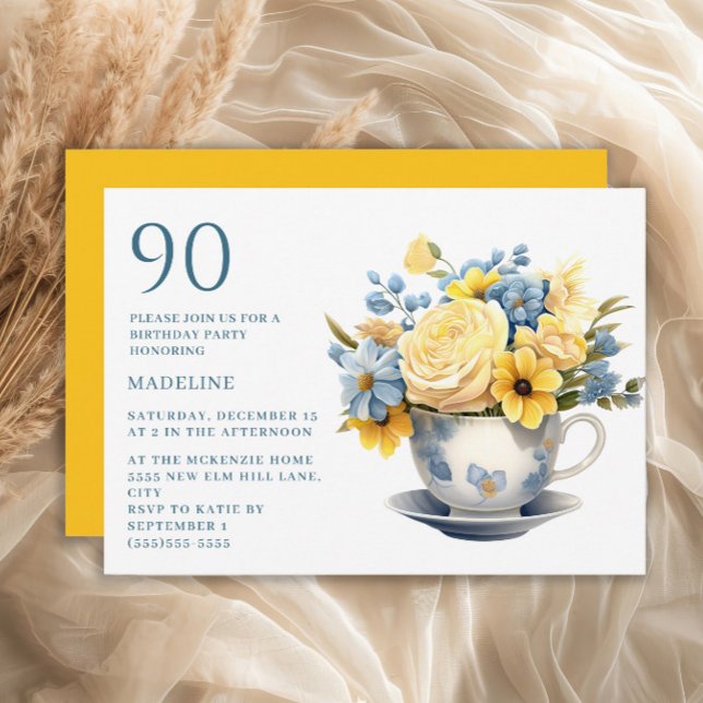 Convites Xícara Amarela Flores Azuis Aniversário de 90 anos (Blue teacup and yellow flowers 90th birthday party invitation)