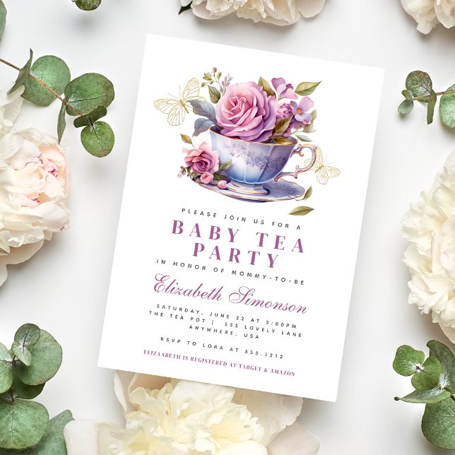 Convites Xícara de Chá Floral de Lavanda Festa de Chá do Be (Lavender Floral Tea Cup Baby Tea Party Baby Shower Invitation #babyteaparty #babyshowerteaparty
)