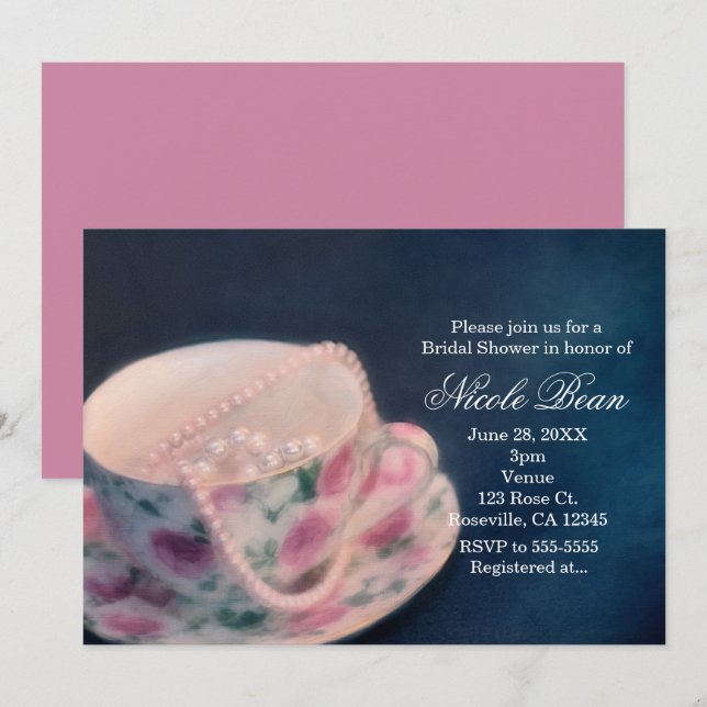 Convites Xícara de Chá Rosa Floral & Pérolas Chá de Noiva (Frente/Verso)