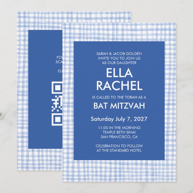 Convites Xícara Gingham Moderno Código QR Personalizado Bar (Frente/Verso)