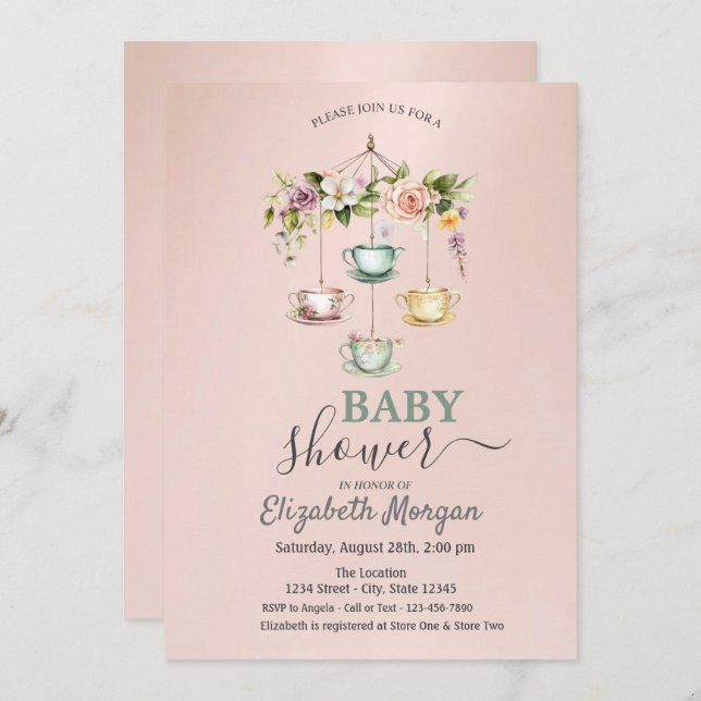 Convites Xícaras de chá de aquarela Chá de fraldas floral (Frente/Verso)