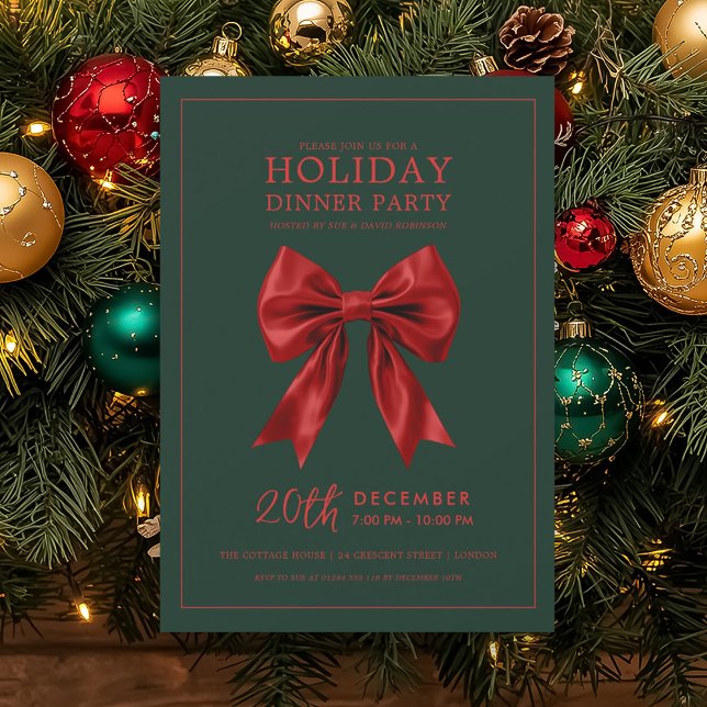 Convites Xmas Holiday Dinner Party Red Satin Bow Green  (Xmas Holiday Dinner Party Red Satin Bow Green Invitation)