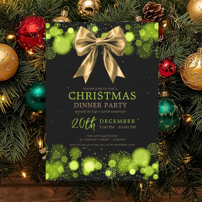 Convites Xmas Holiday Dinner Party Winter Gold Bow Green (Xmas Holiday Dinner Party Winter Gold Bow Green Invitation)