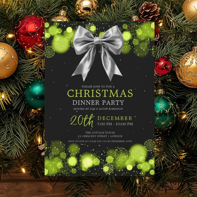 Convites Xmas Holiday Dinner Party Winter Silver Bow Green  (Xmas Holiday Dinner Party Winter Silver Bow Green Invitation)