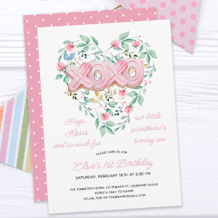 Convites XOXO Biscoito Rosa Delicado Floral Menina 1º Anive