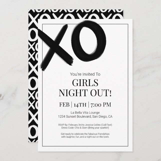Convites XOXO Girls Night Out Black Bestiine Party (Frente/Verso)
