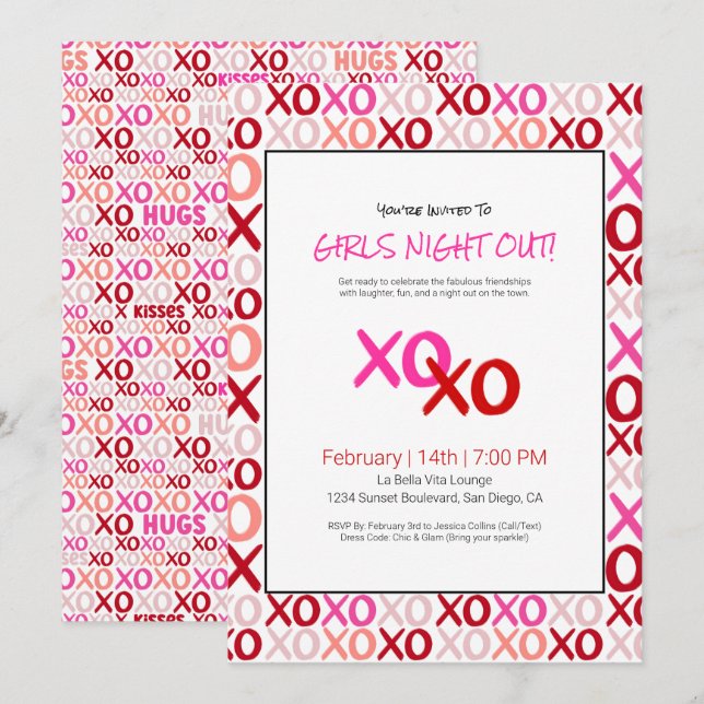 Convites XOXO Girls Night Out Pink Cuide Day Party (Frente/Verso)