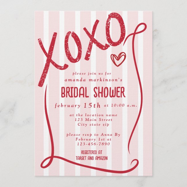 Convites XOXO Hand Drawn Pink Bridal Shower Party (Frente)