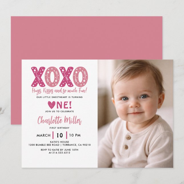 Convites  XOXO Hugs & Kisses Valentine's Day 1st Birthday (Frente/Verso)
