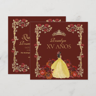 Convites xv ANOS Rosa Vermelha Burgundy e Dourada Quinceañe
