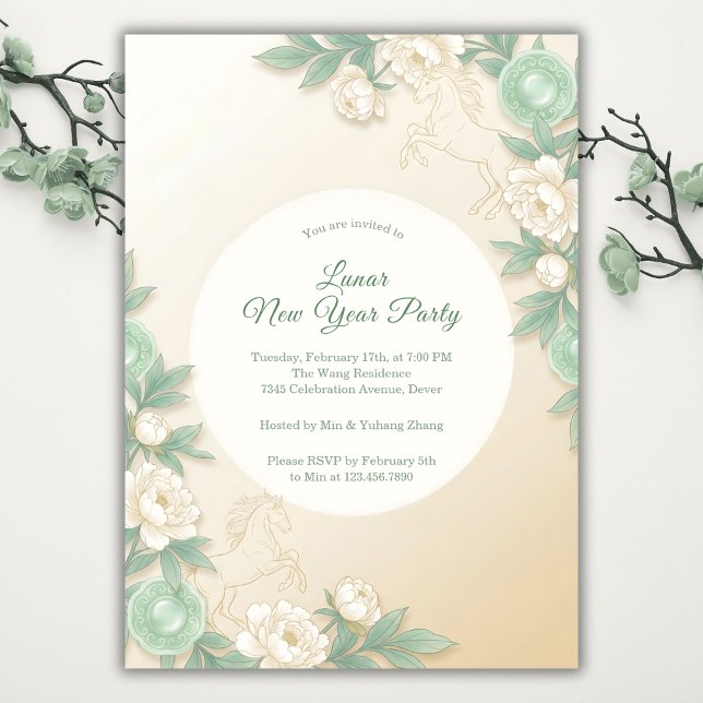 Convites Year of the Horse Zodiac 2026 Lunar New Year (Modern Pastel Chinoiserie Floral Lunar New Year Party Invitation)