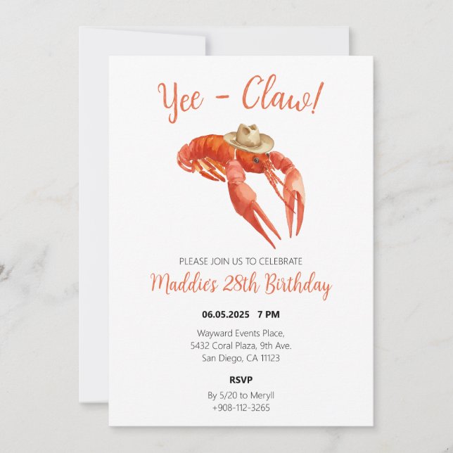 Convites Yee Claw Crawfish Boil Watercolor Aniversário (Frente)
