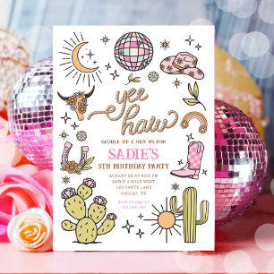 Convites Yee Haw Girl Rodeo Retro Disco Cowgirl Aniversário