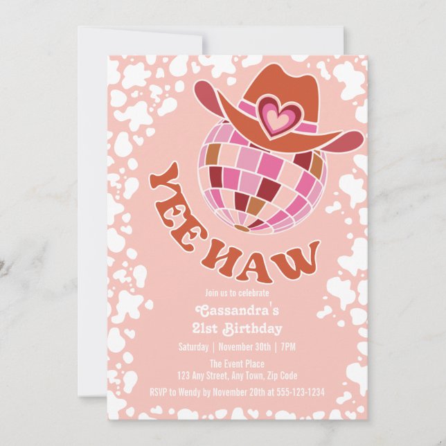 Convites Yee Haw Peach Disco Cowgirl Rodeo Aniversário (Frente)