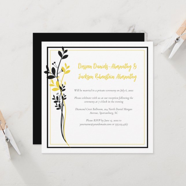 Convites Yellow and Black Floral Reception Only | (Frente/Verso In Situ)