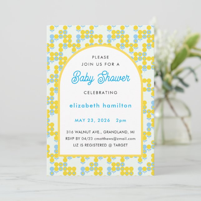 Convites Yellow and Blue Dots Modern Baby Shower Invitation (Em pé/Frente)