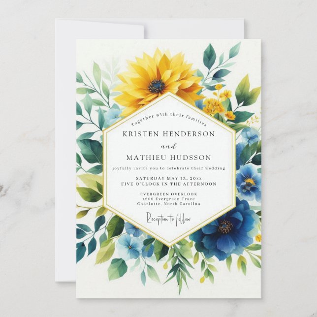 Convites Yellow Blue Botanical Bloom Wedding (Frente)