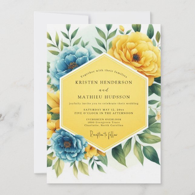 Convites Yellow Blue Floral Whimsy Wedding (Frente)