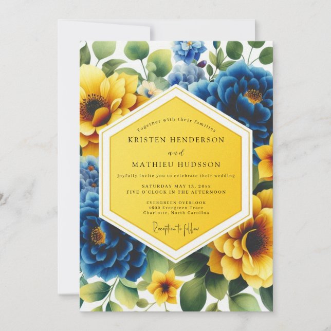 Convites Yellow Blue Floral Whimsy Wedding (Frente)