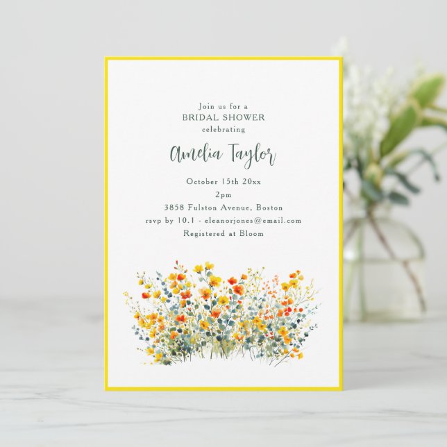 Convites Yellow Border Wildflower Spring Bridal Shower (Em pé/Frente)
