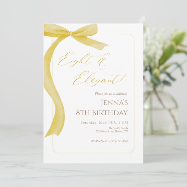 Convites Yellow Bow Eighth Birthday Invitation (Em pé/Frente)