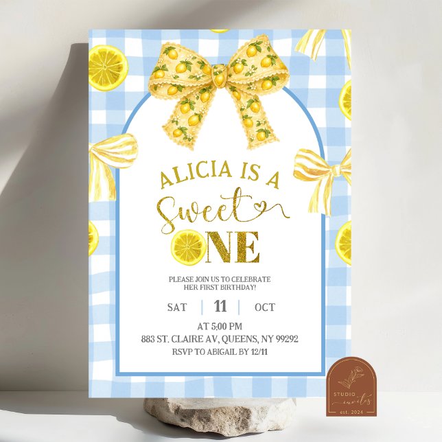 Convites Yellow Bow Sweet 1 Lemon Blue and Yellow Birthday (Criador carregado)