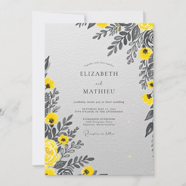 Convites Yellow Charcoal Polished Botanical Wedding (Frente)