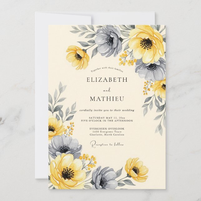 Convites Yellow Charcoal Striking Floral Wedding (Frente)