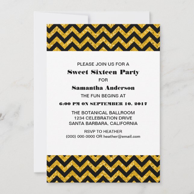 Convites Yellow Chevron Glitter Sweet 16 Party (Frente)