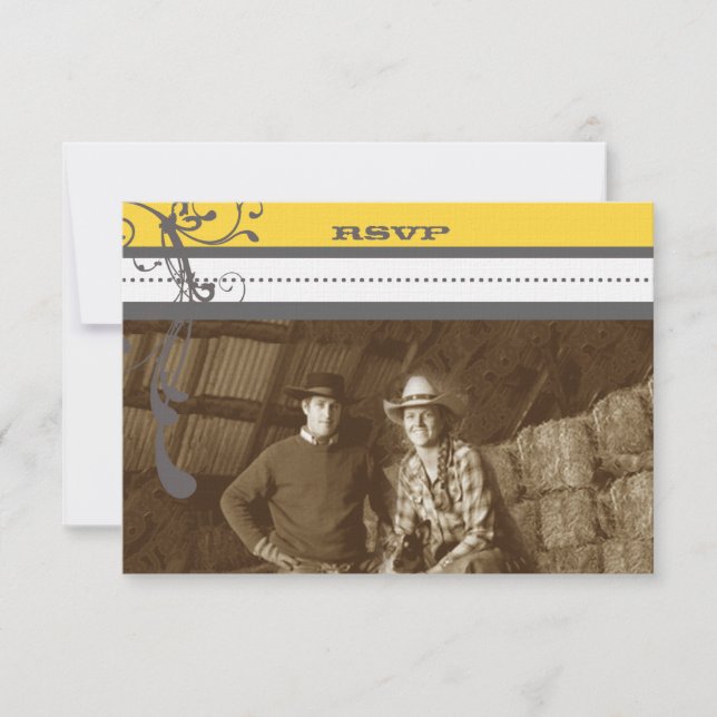 Convites Yellow & Cinza Funky Swirls Casamento Salve a Data (Frente)