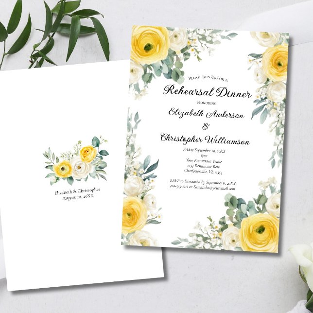 Convites Yellow Cream Watercolor Florals Rehearsal Dinner (Yellow cream Watercolor flroals elegant Wedding Rehearsal Dinner Invitation. Printed or Digital)