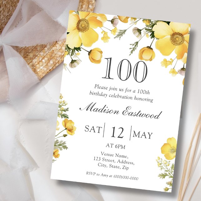 Convites Yellow Floral 100th Birthday Invitation (Criador carregado)