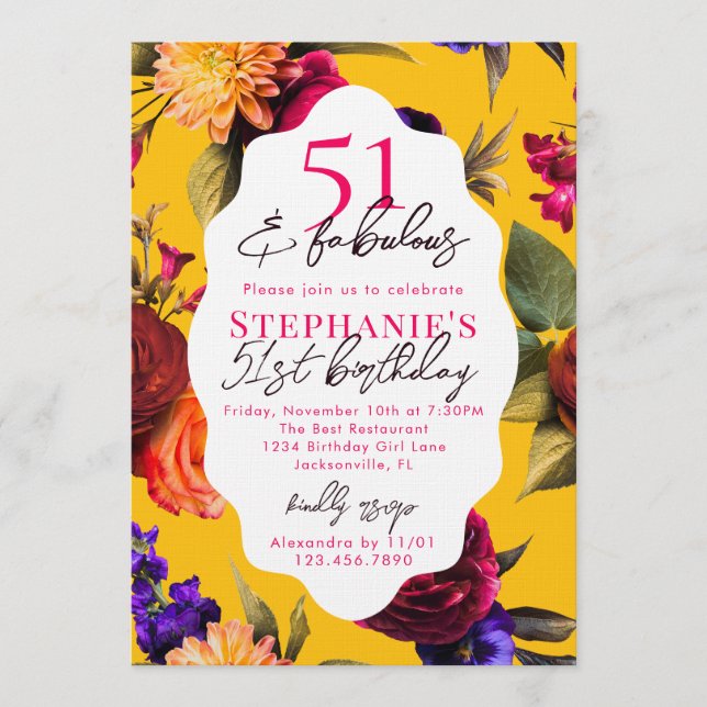 Convites Yellow Floral 51 & Fabulous 51st Birthday Party (Frente)