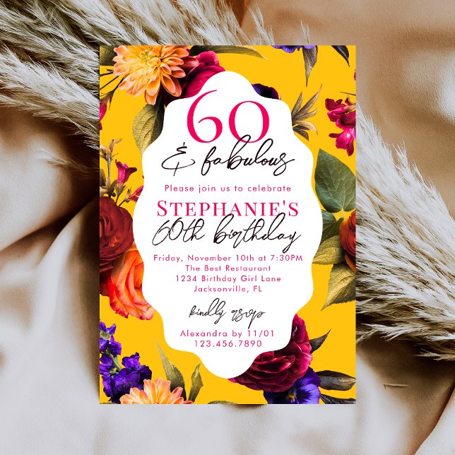 Convites Yellow Floral 60 & Fabulous 60th Birthday Party (Criador carregado)