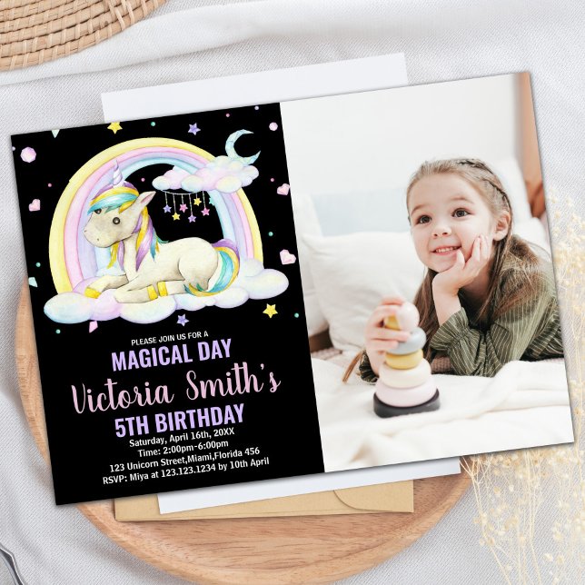 Convites Yellow Floral Black Photo Unicorn Birthday (Yellow Floral Black Photo Unicorn Birthday Invitation)