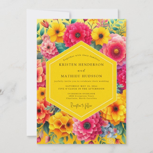 Convites Yellow Floral Bloom Romance Wedding (Frente)
