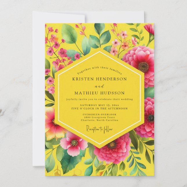 Convites Yellow Floral Blossom Romance Wedding (Frente)