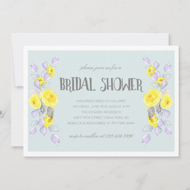 Convites Yellow flowers and lilac foliage bridal shower (Frente)