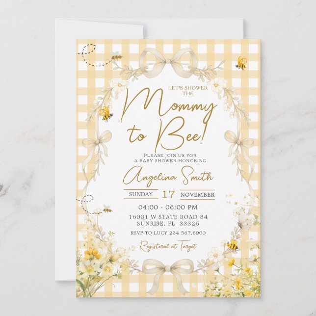 Convites Yellow Gingham Bee Baby Shower Invitation (Frente)