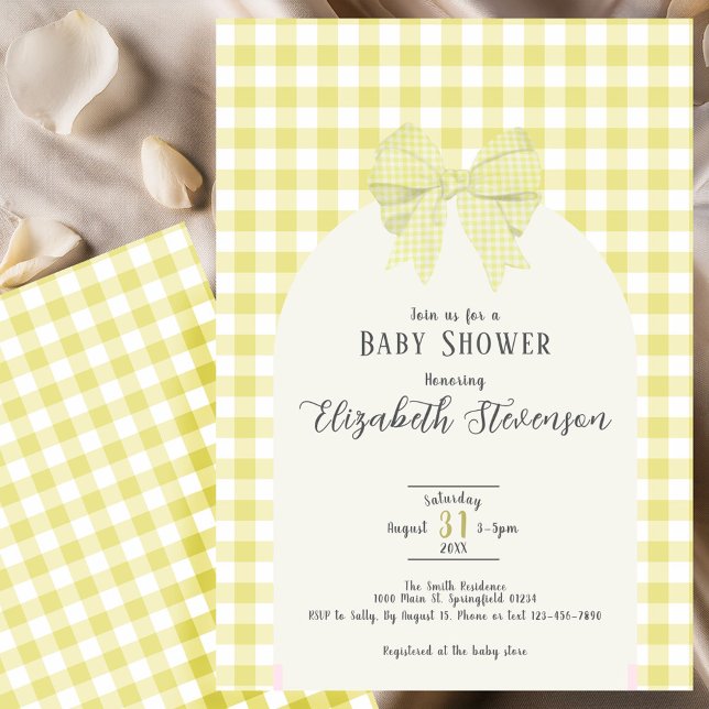 Convites Yellow Gingham Bow Gender Neutral Baby Shower (Criador carregado)